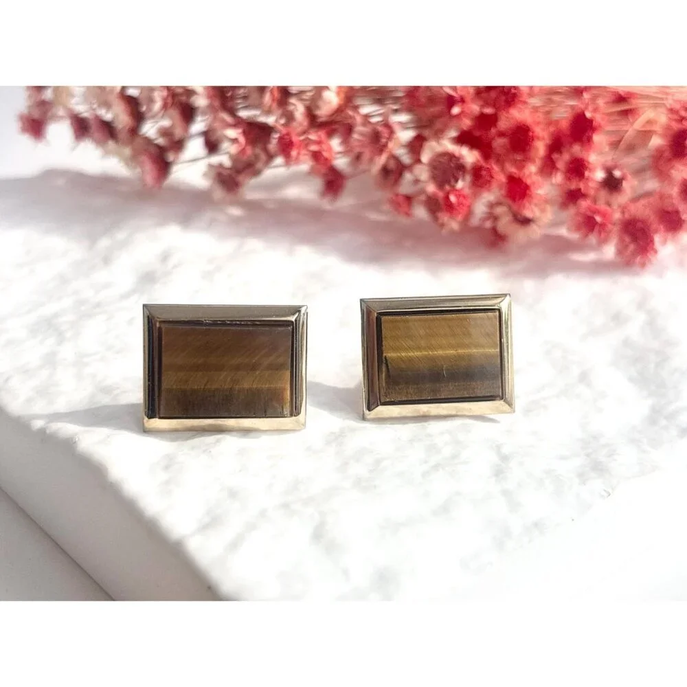 Faux Tiger's Eye Gold Toned Rectangular Vintage 80's Style Cuff Links